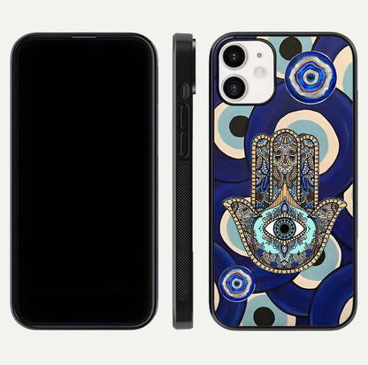 Hamsa Divine Guard Glass Case for iPhone 12 Mini front and back view layout highlighting spiritual artwork and smooth edges