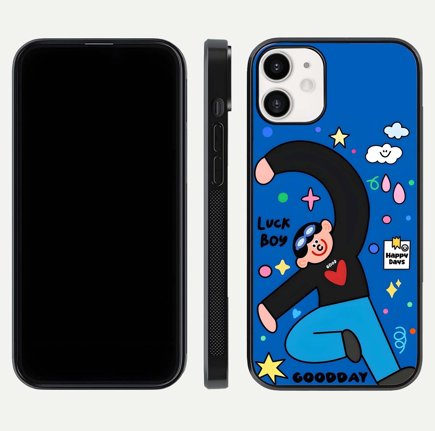 Happy Luck Vibe Glass Case for iPhone 12 Mini front and back view layout highlighting positive motif and curved edges