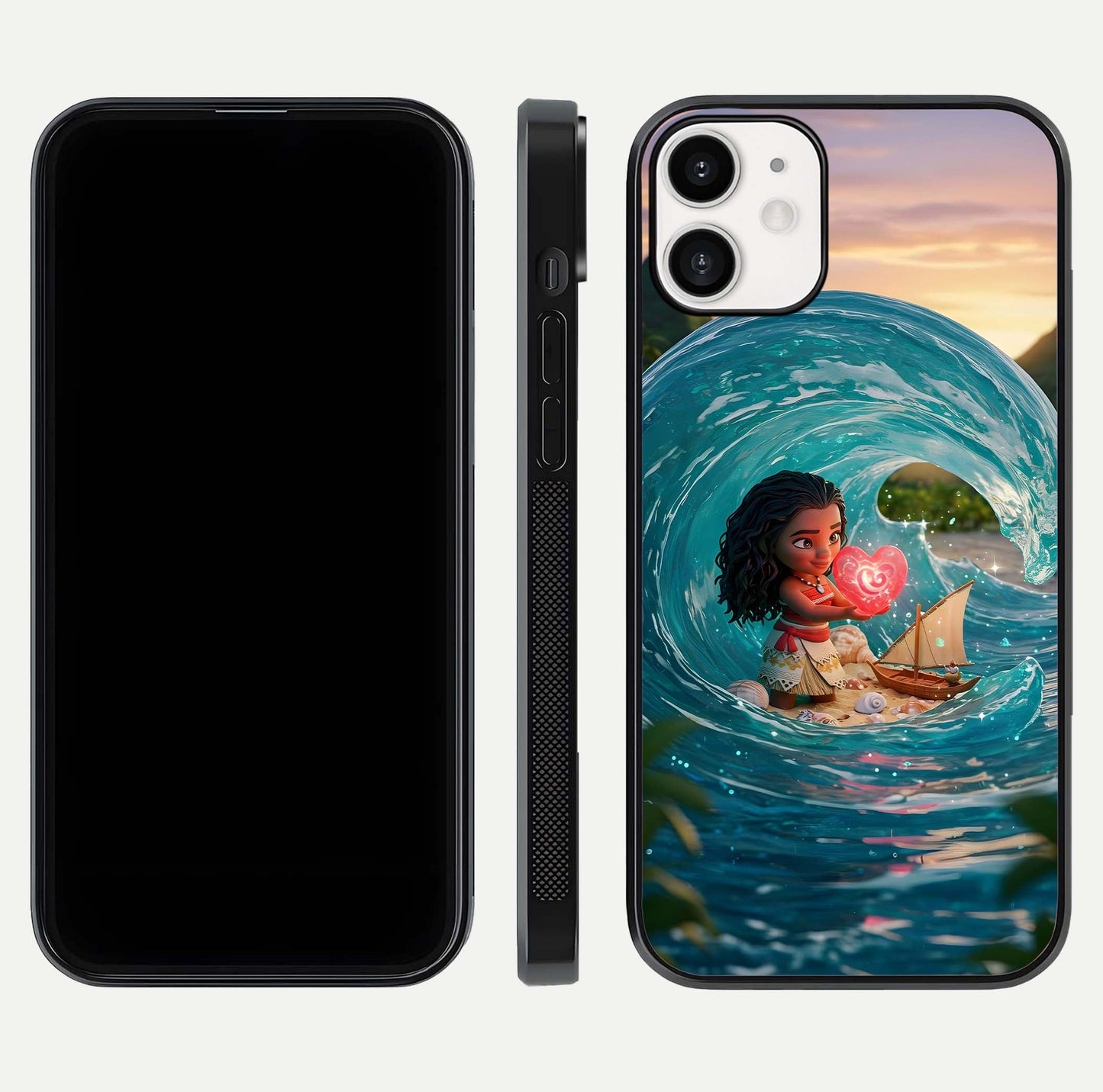 Heart of Ocean Glass Case for iPhone 12 Mini front and back view layout highlighting sea-themed art and curved glass edges