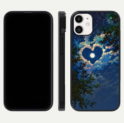Heart with Moon Sky Glass Case for iPhone 12 Mini front and back view layout displaying celestial tones and curved glass