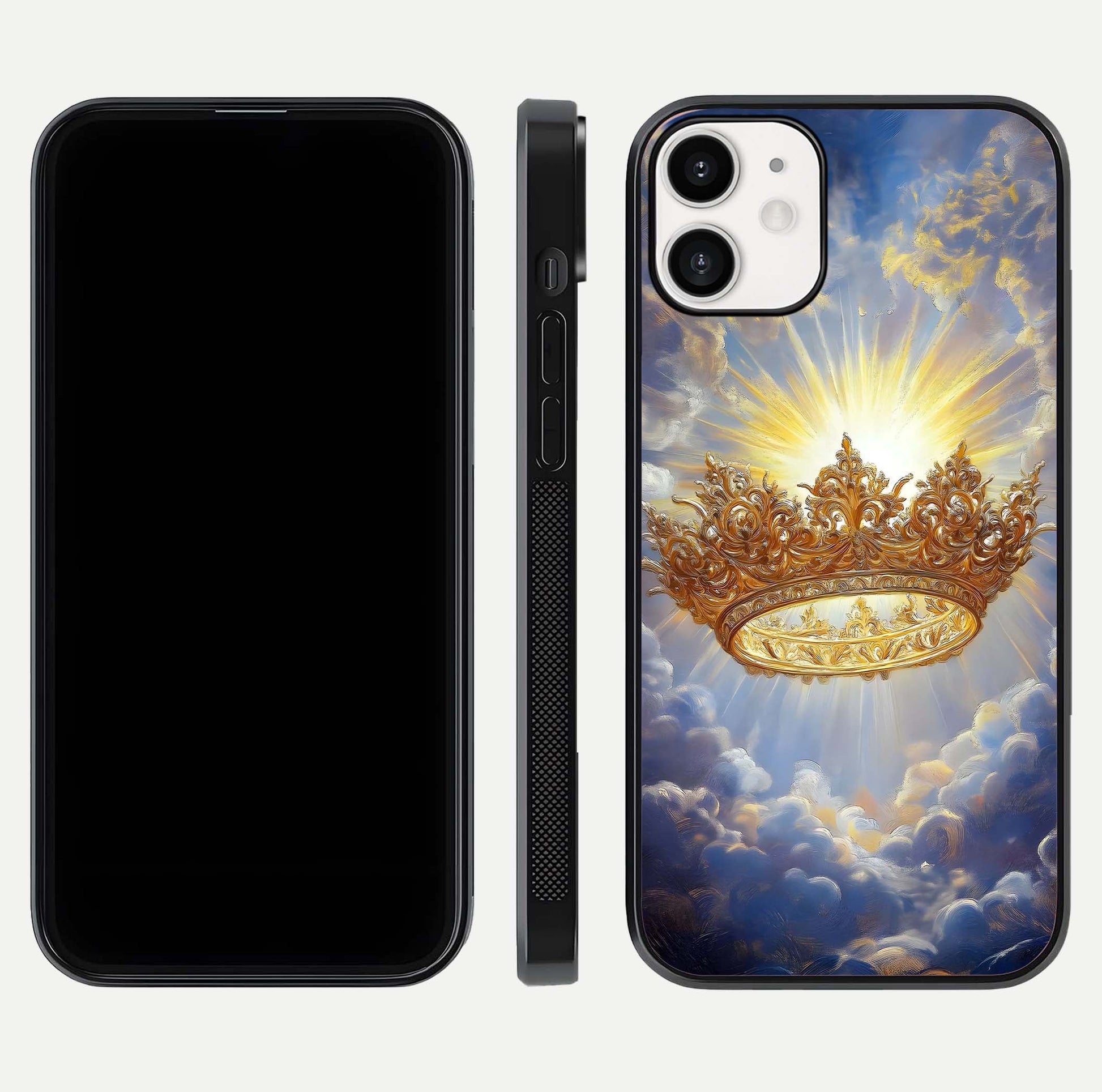 Heavenly Crown Light Glass Case for iPhone 12 Mini front and back view layout highlighting golden aura tones and curved glass edges