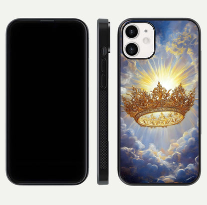 Heavenly Crown Light Glass Case for iPhone 12 Mini front and back view layout highlighting golden aura tones and curved glass edges
