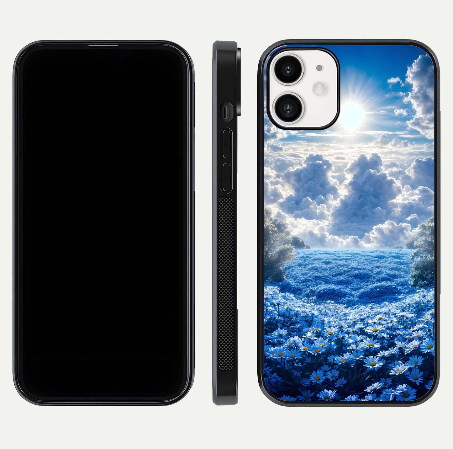 Heavenly Daisy Horizon Glass Case for iPhone 12 Mini front and back view layout highlighting floral field tones and curved edges