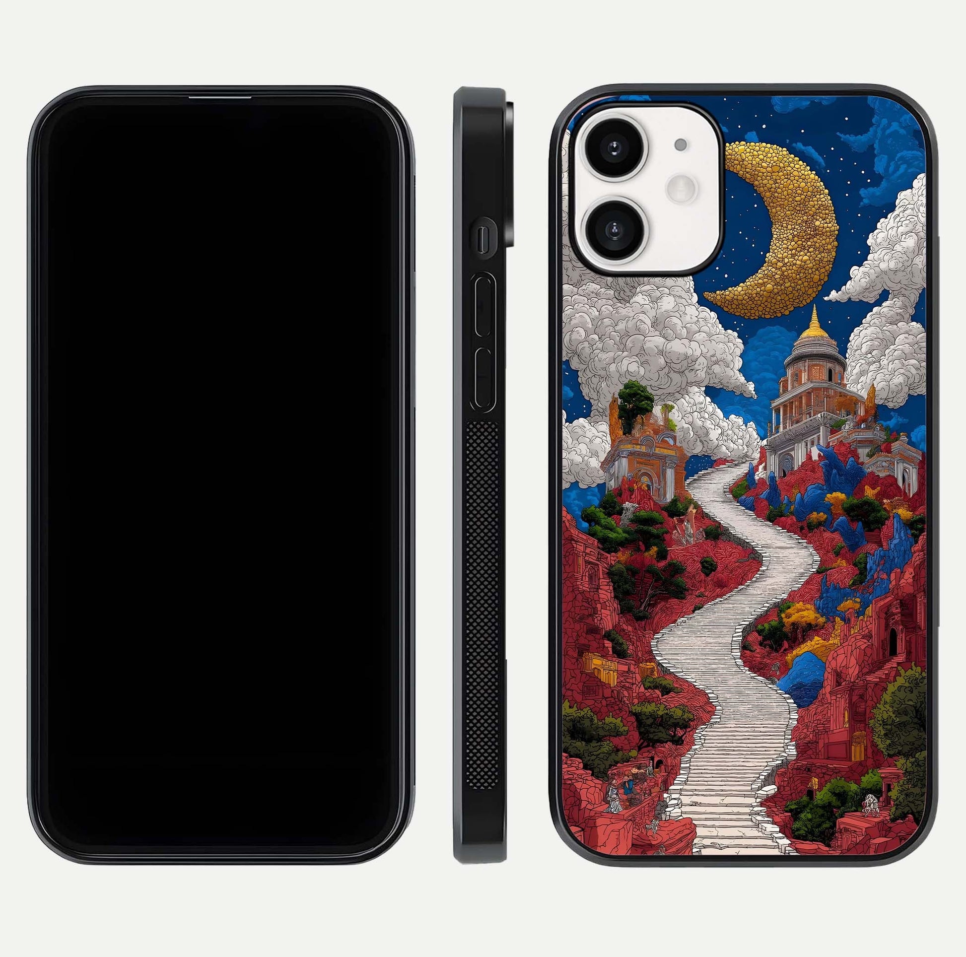 Heavenly Moon Path Glass Case for iPhone 12 Mini front and back view layout displaying night sky tones and curved glass edges