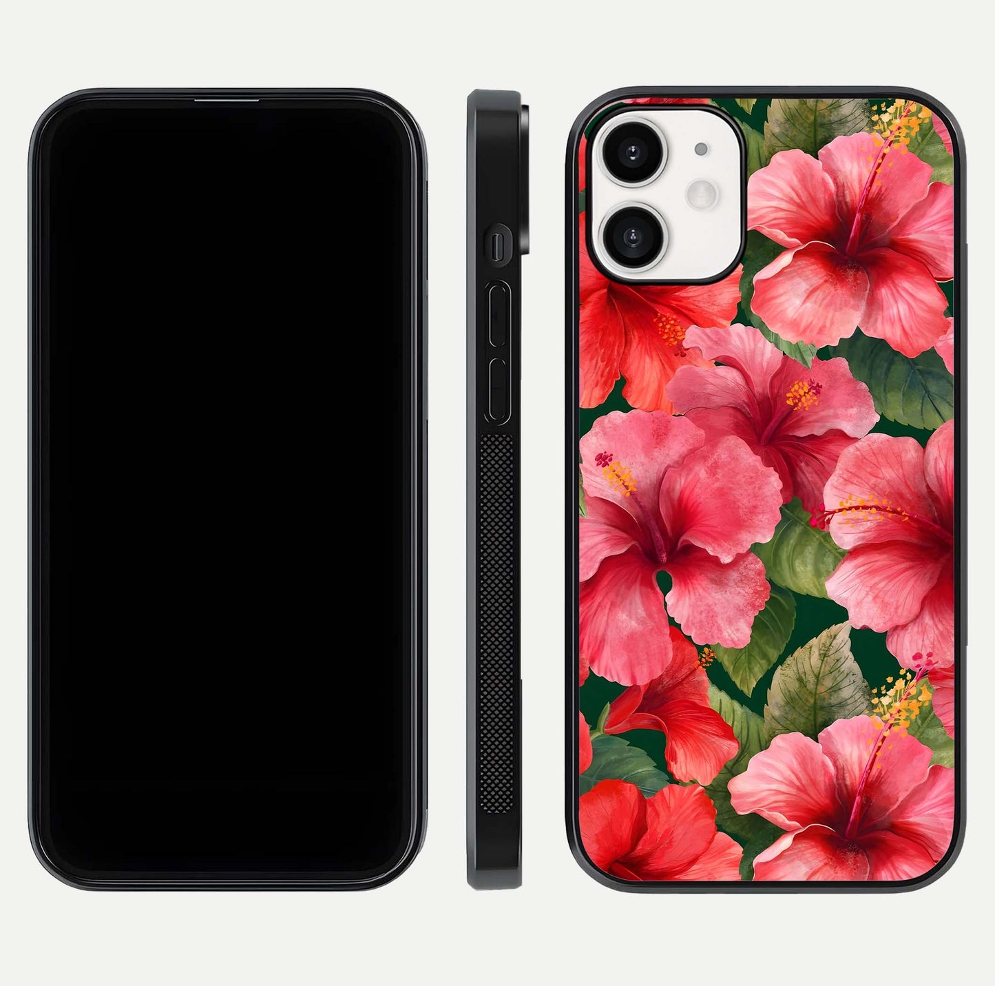 Hibiscus Pattern Glass Case for iPhone 12 Mini front and back view layout highlighting tropical design and curved glass edges