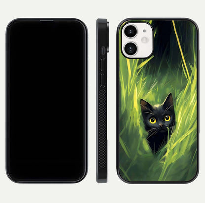 Hidden Cat Whisper Glass Case for iPhone 12 Mini front and back view layout highlighting minimalist art and curved edges