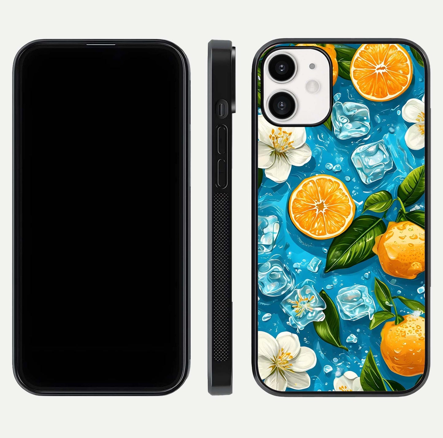 Ice Cube With Orange Glass Case for iPhone 12 Mini front and back view layout highlighting fresh orange tones and curved edges