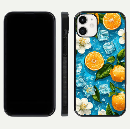 Ice Cube With Orange Glass Case for iPhone 12 Mini front and back view layout highlighting fresh orange tones and curved edges