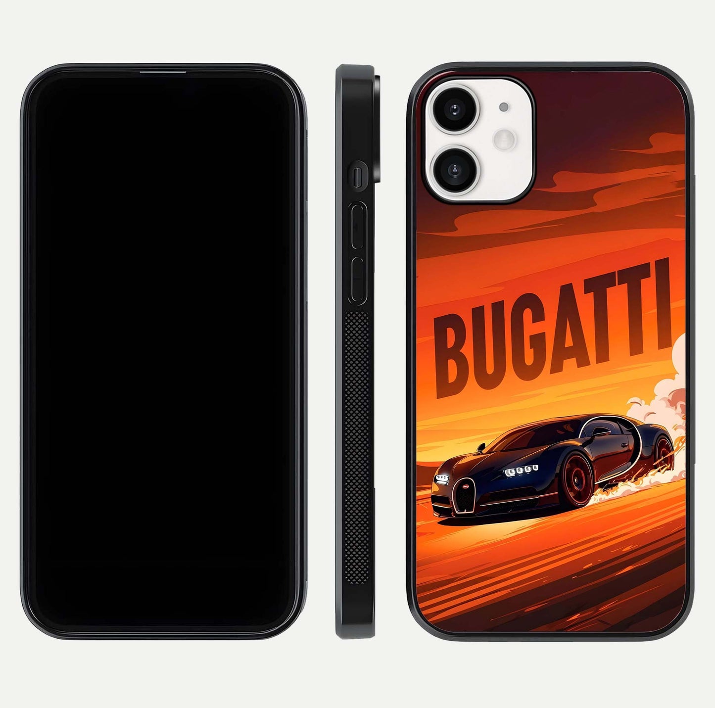 Inferno Bugatti Storm Glass Case for iPhone 12 Mini front and back view layout highlighting car silhouette and curved glass edge
