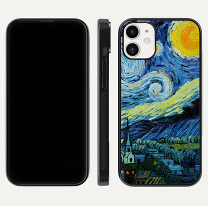 Inspired Van Gogh Art Glass Case for iPhone 12 Mini front and back view layout displaying vivid color tones and curved glass edges