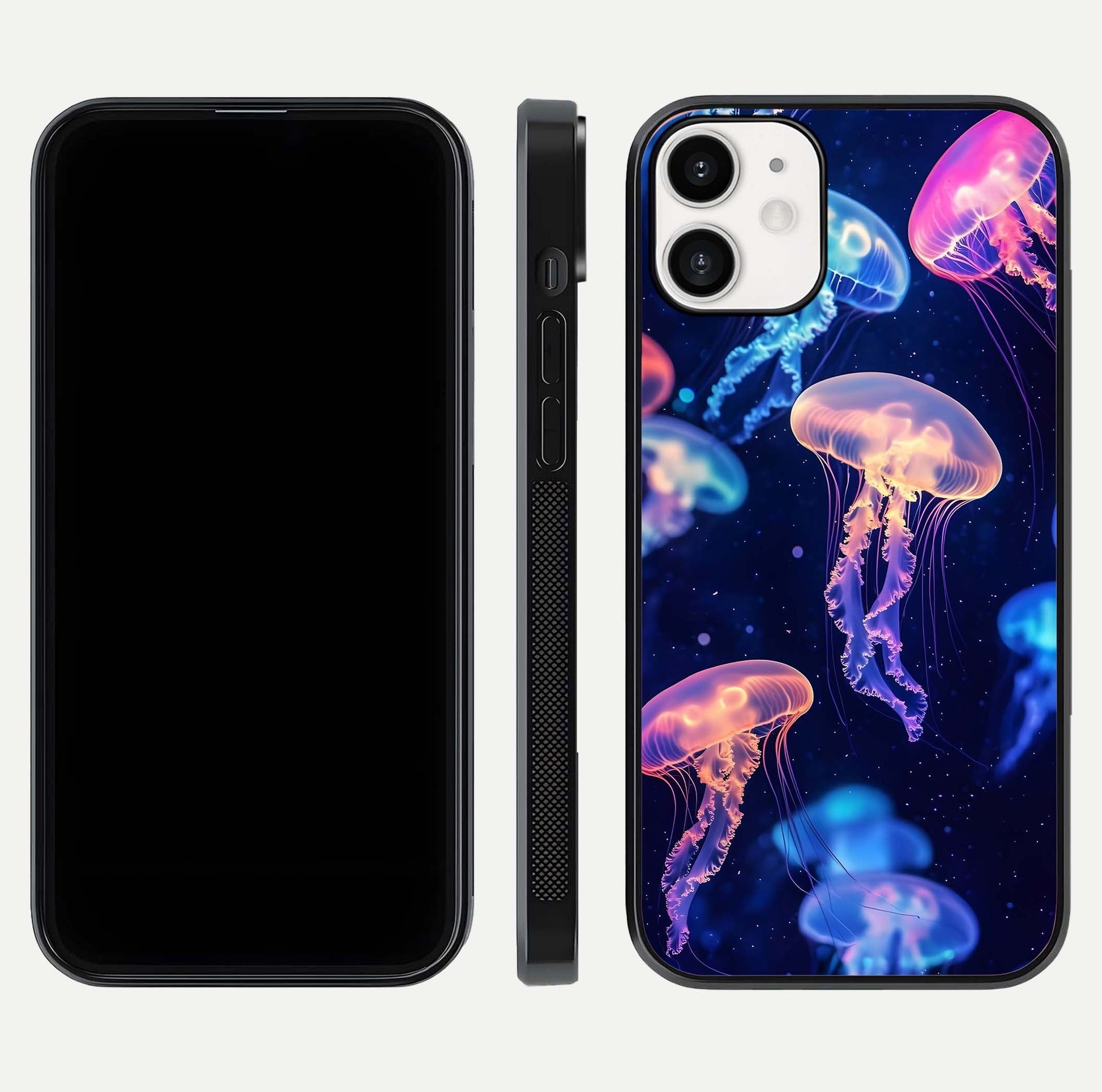 Jellyfish Pattern Glass Case for iPhone 12 Mini front and back view layout highlighting aquatic tones and curved edges