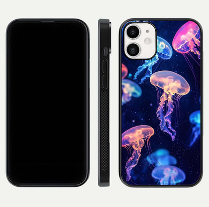 Jellyfish Pattern Glass Case for iPhone 12 Mini front and back view layout highlighting aquatic tones and curved edges