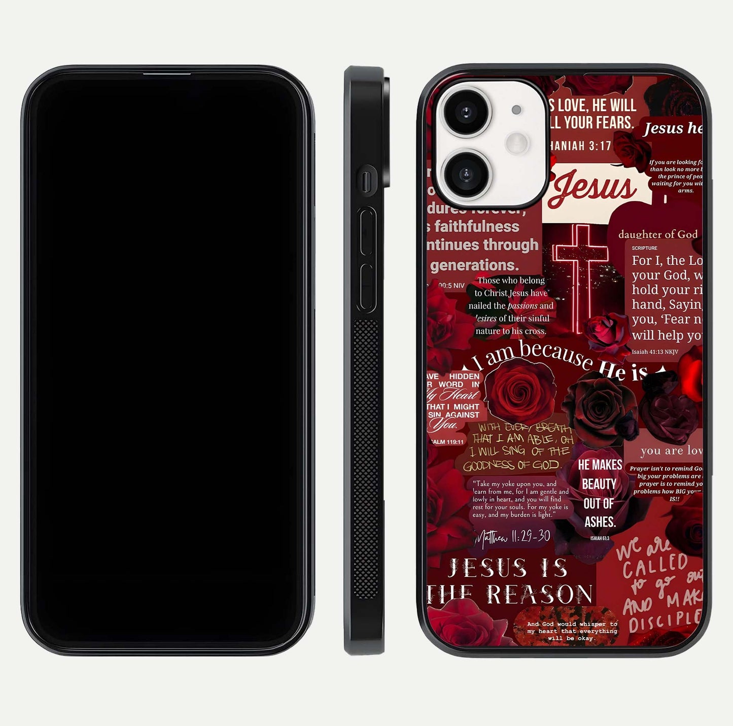 Jesus Love Heals Glass Case for iPhone 12 Mini front and back view layout with elegant typography and smooth edges