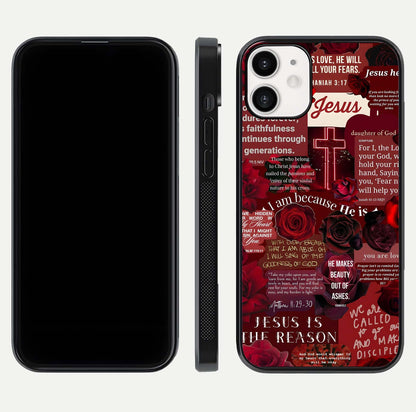 Jesus Love Heals Glass Case for iPhone 12 Mini front and back view layout with elegant typography and smooth edges