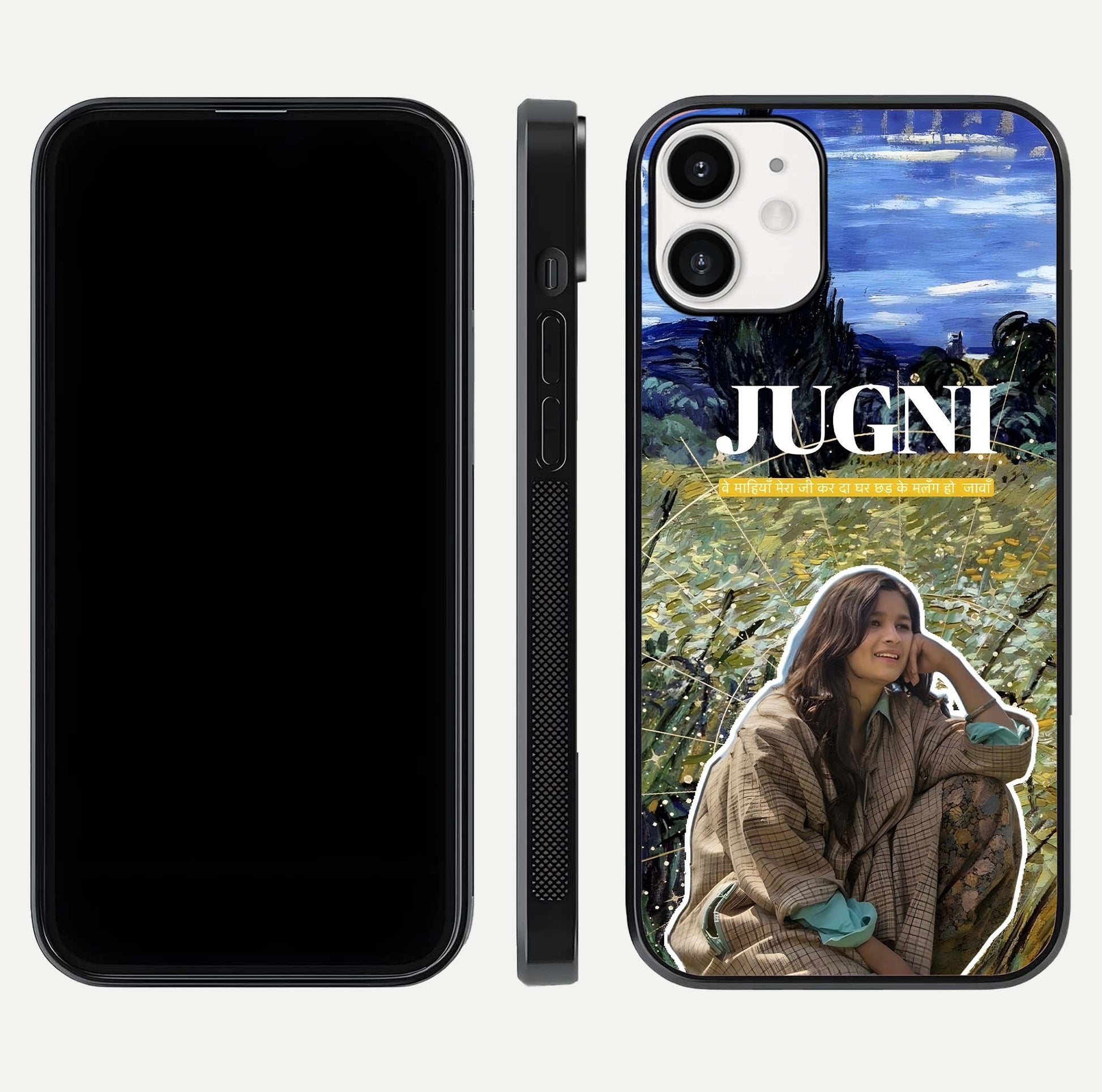 Jugni Soul Vibes Glass Case for iPhone 12 Mini front and back view layout highlighting desi art and curved glass edges