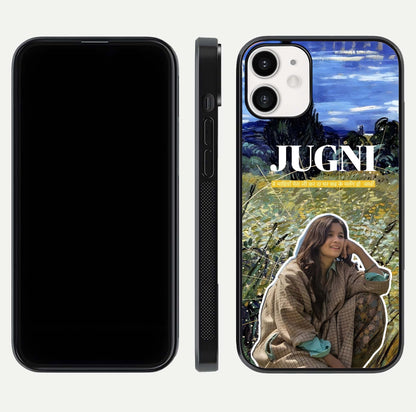 Jugni Soul Vibes Glass Case for iPhone 12 Mini front and back view layout highlighting desi art and curved glass edges