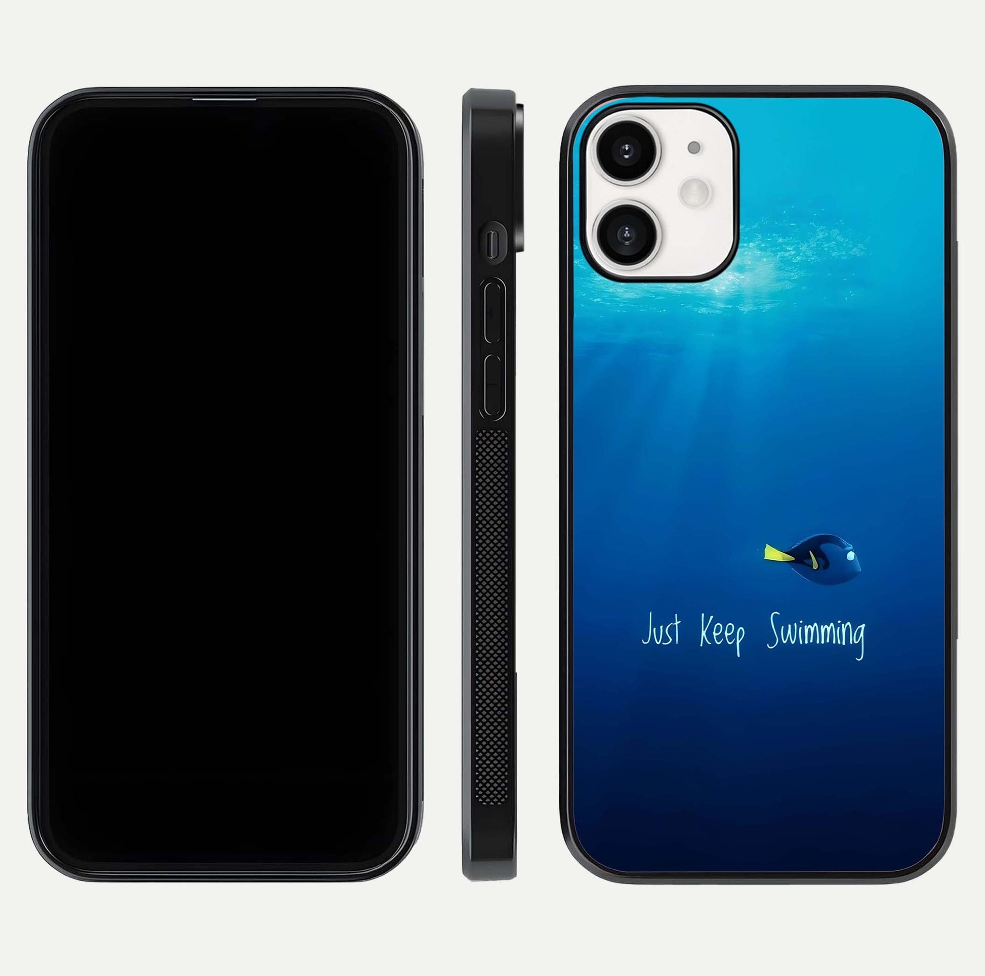 Just Keep Swimming Glass Case for iPhone 12 Mini front and back view layout with smooth glass edges and HD text clarity