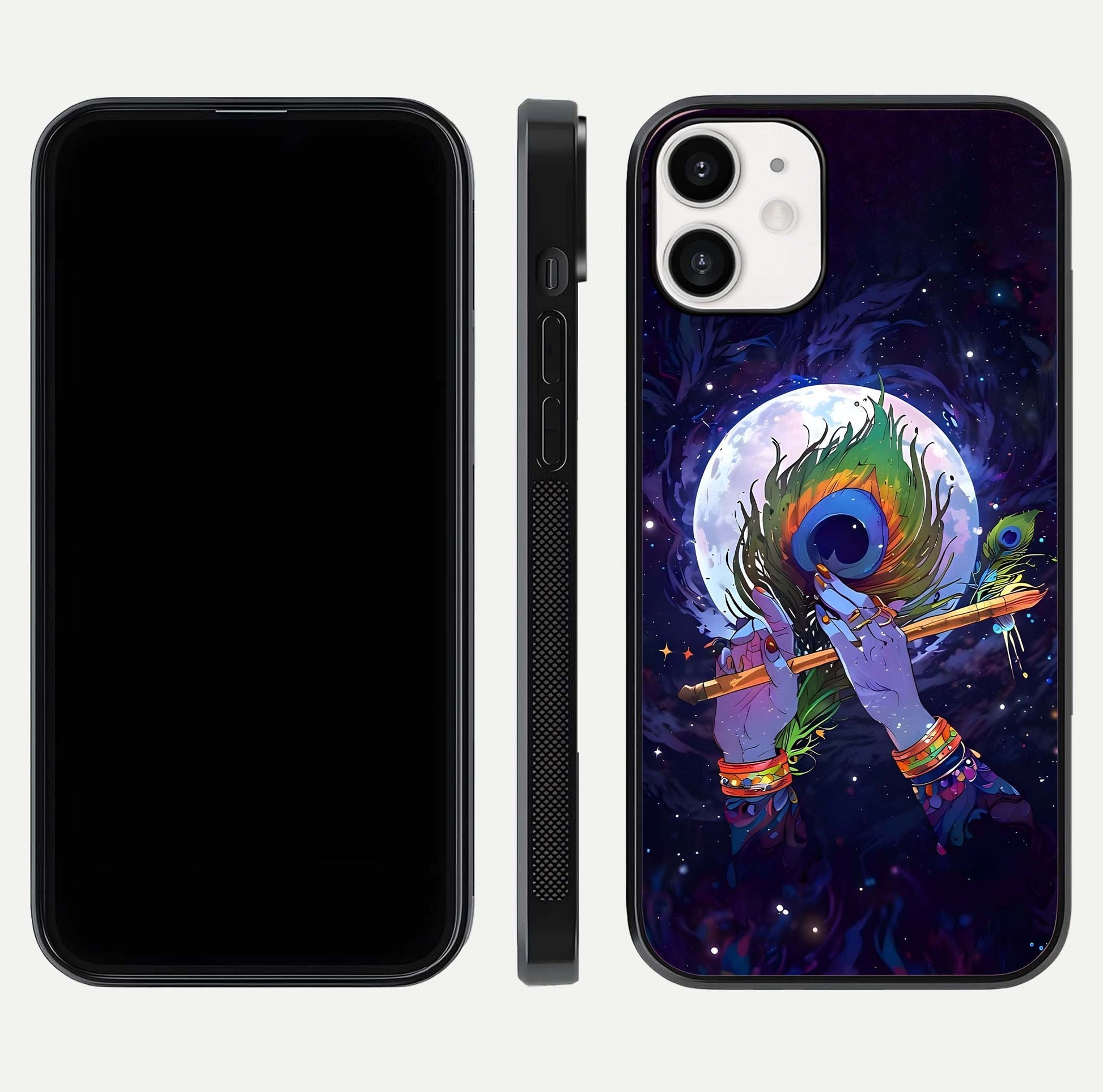 Krishna Hands Art Glass Case for iPhone 12 Mini front and back view layout displaying soft edges and spiritual tones