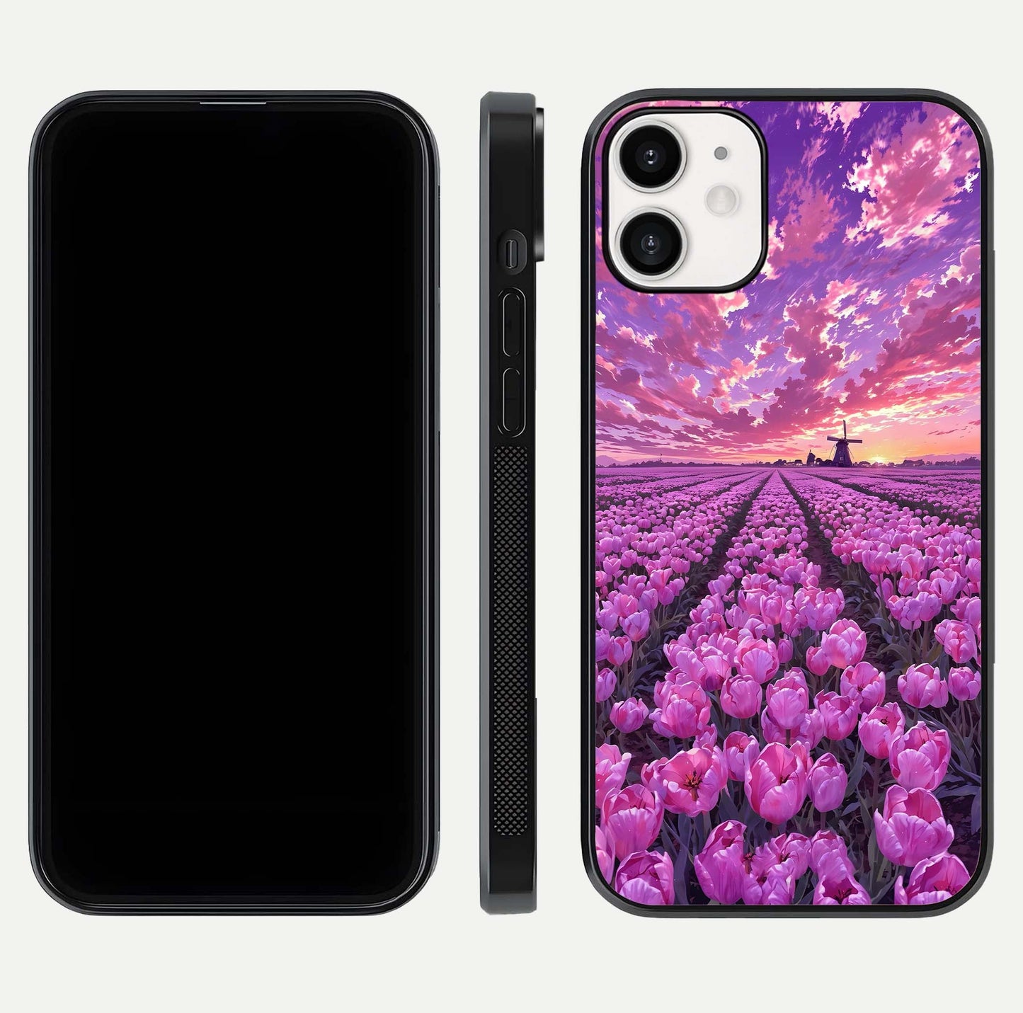 Lavender Dream Skies Glass Case for iPhone 12 Mini front and back view layout highlighting dreamy sky gradient
