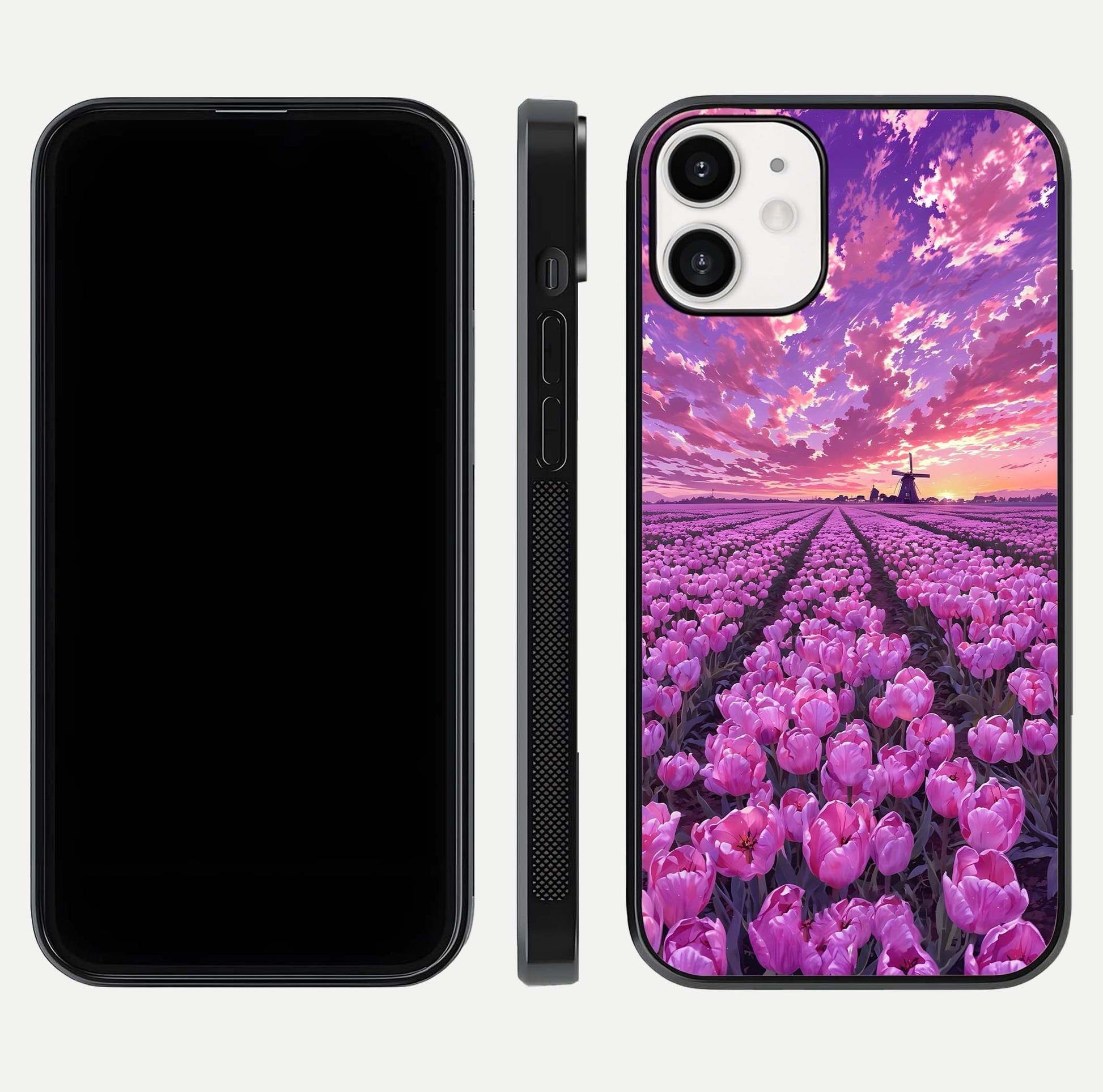 Lavender Dream Skies Glass Case for iPhone 12 Mini front and back view layout highlighting dreamy sky gradient