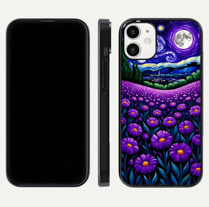 Lavender Moon Field Glass Case for iPhone 12 Mini front and back view layout with soft gradient and curved edges