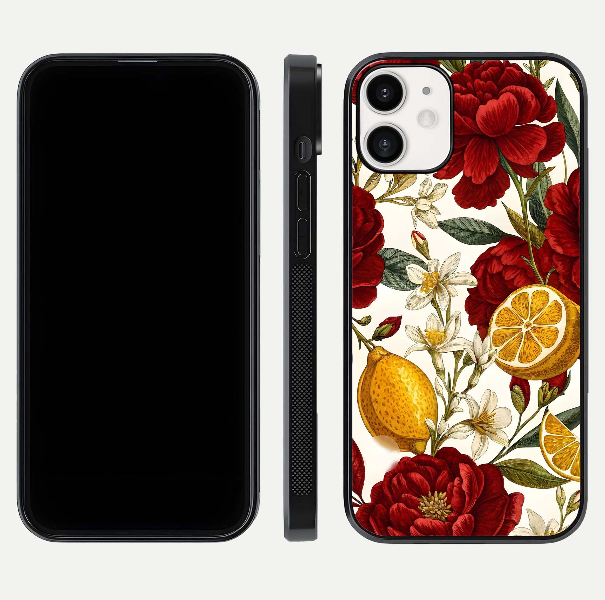 Lemon Rose Charm Glass Case for iPhone 12 Mini front & back layout highlighting soft yellow tones and curved edges