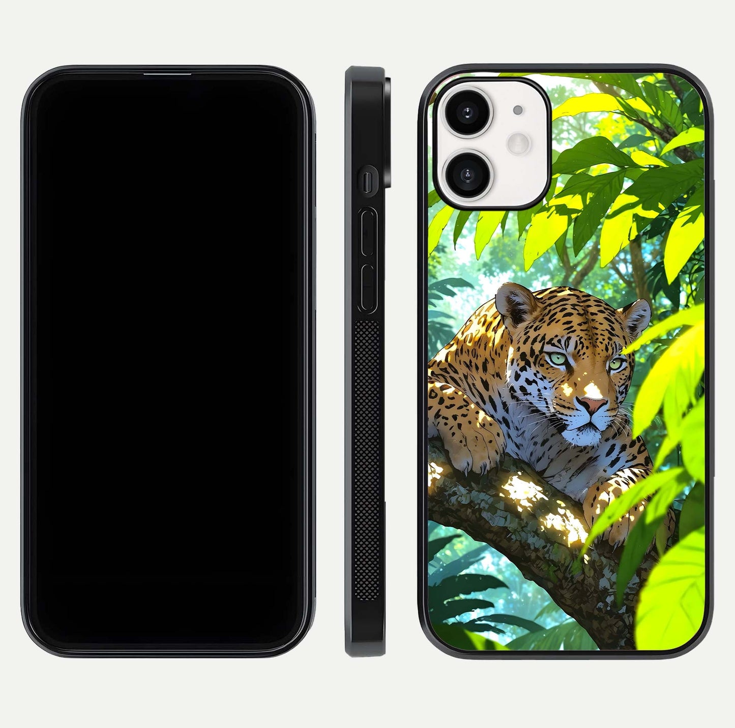 Leopard in Jungle Glass Case for iPhone 12 Mini front & back layout with premium edge detailing and vivid jungle art