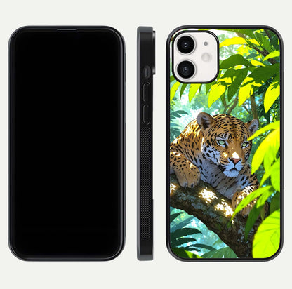 Leopard in Jungle Glass Case for iPhone 12 Mini front & back layout with premium edge detailing and vivid jungle art