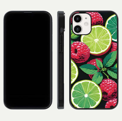 Lime and Raspberry Pattern Glass Case for iPhone 12 Mini front & back layout highlighting fresh summer tones