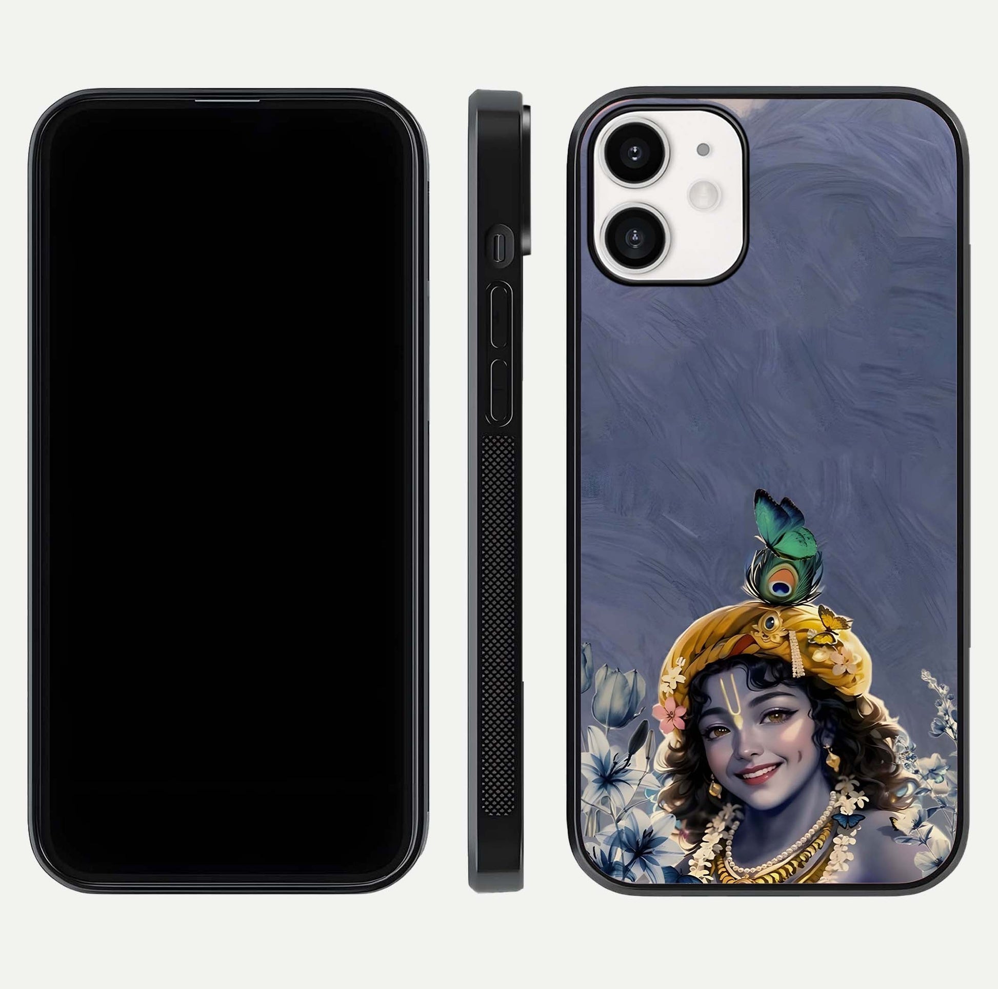 Lord Krishna Glass Case for iPhone 12 Mini front & back layout displaying soft tones and elegant edges