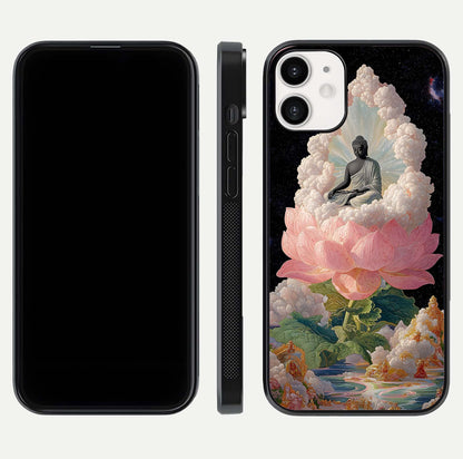 Lotus Divine Peace Glass Case for iPhone 12 Mini front & back layout highlighting soft pink hues and curved edges