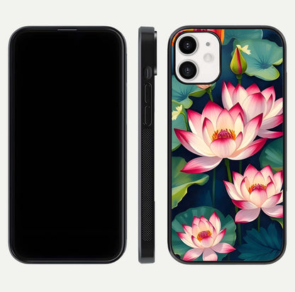 Lotus Dream Serenity Glass Case for iPhone 12 Mini front & back layout with elegant finish and edge curve