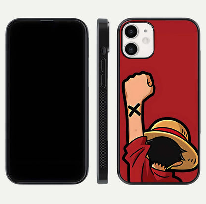 Luffy X Spirit Glass Case for iPhone 12 Mini front & back layout displaying anime theme and curved edges