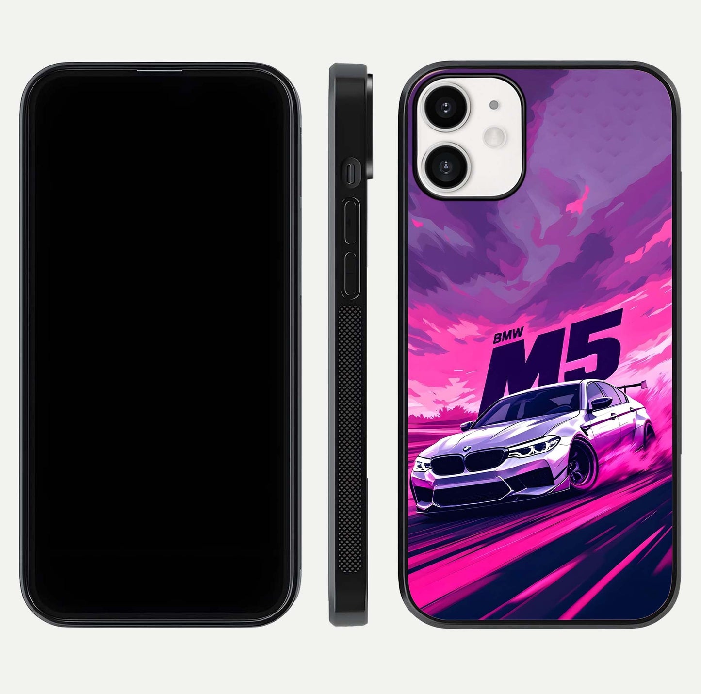 MS Neon Car Glass Case for iPhone 12 Mini front & back layout highlighting automotive art and curved design