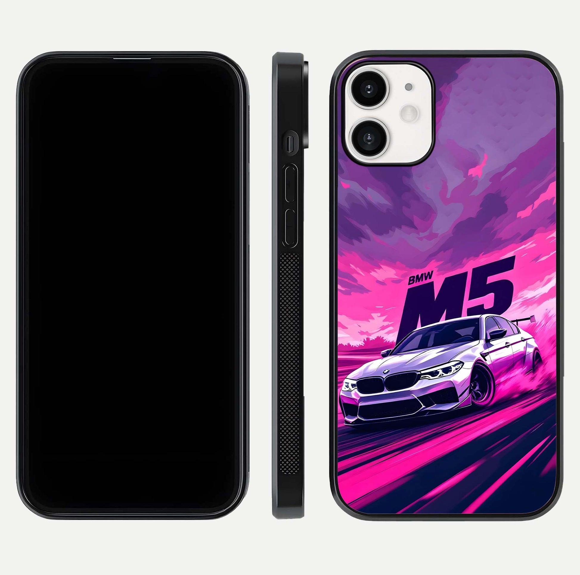 MS Neon Car Glass Case for iPhone 12 Mini front & back layout highlighting automotive art and curved design
