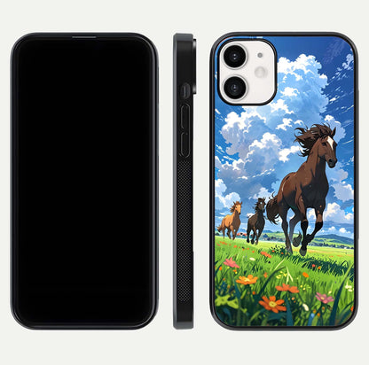 Majestic Horses Galloping Glass Case for iPhone 12 Mini front & back layout highlighting dynamic design and edges