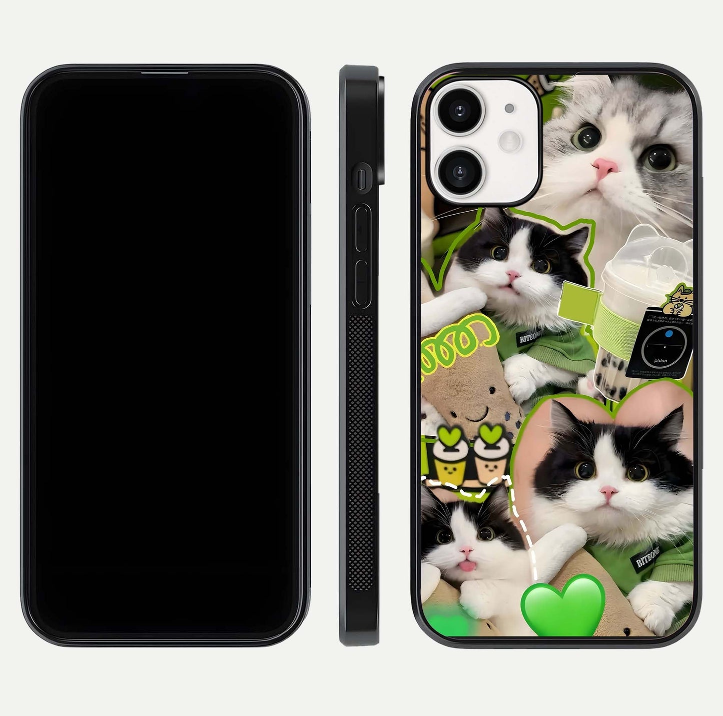 Matcha Cats Mood Glass Case for iPhone 12 Mini front & back layout highlighting cute theme and smooth edges