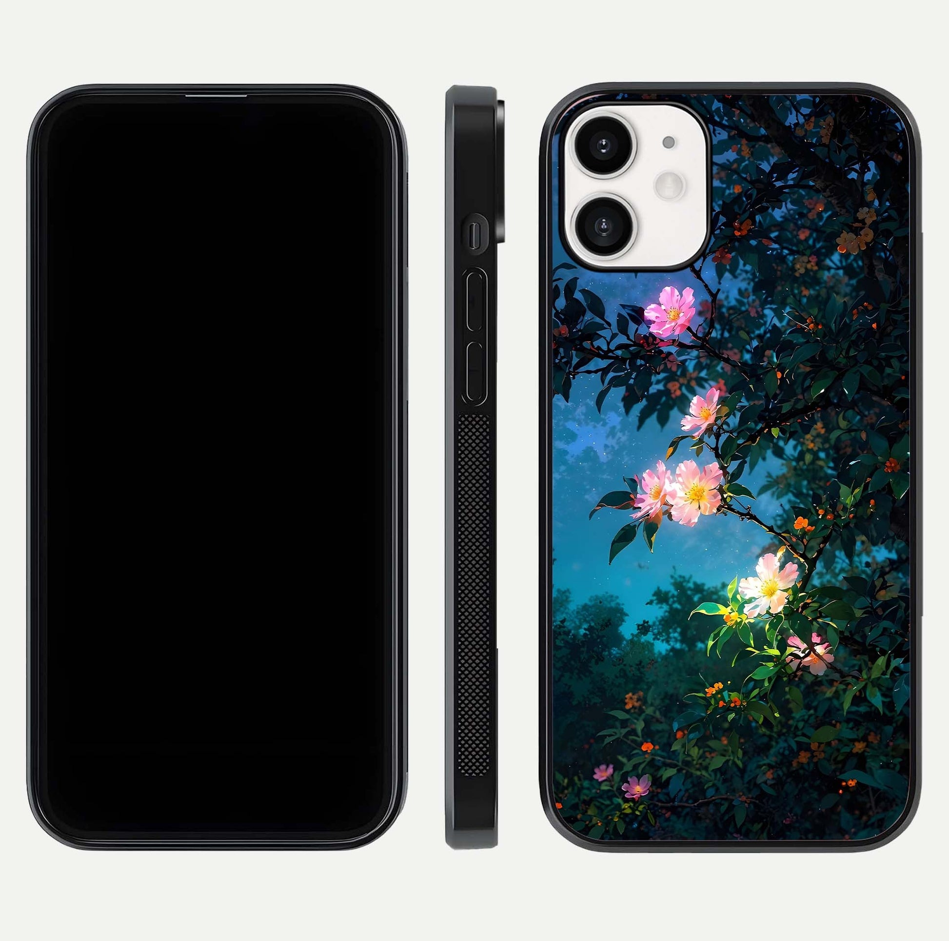 Midnight Bloom Glow Glass Case for iPhone 12 Mini front & back layout highlighting moody tones and smooth finish