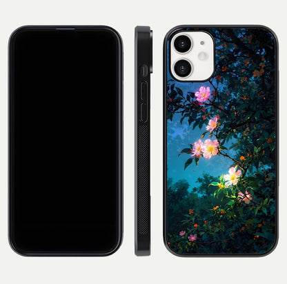 Midnight Bloom Glow Glass Case for iPhone 12 Mini front & back layout highlighting moody tones and smooth finish