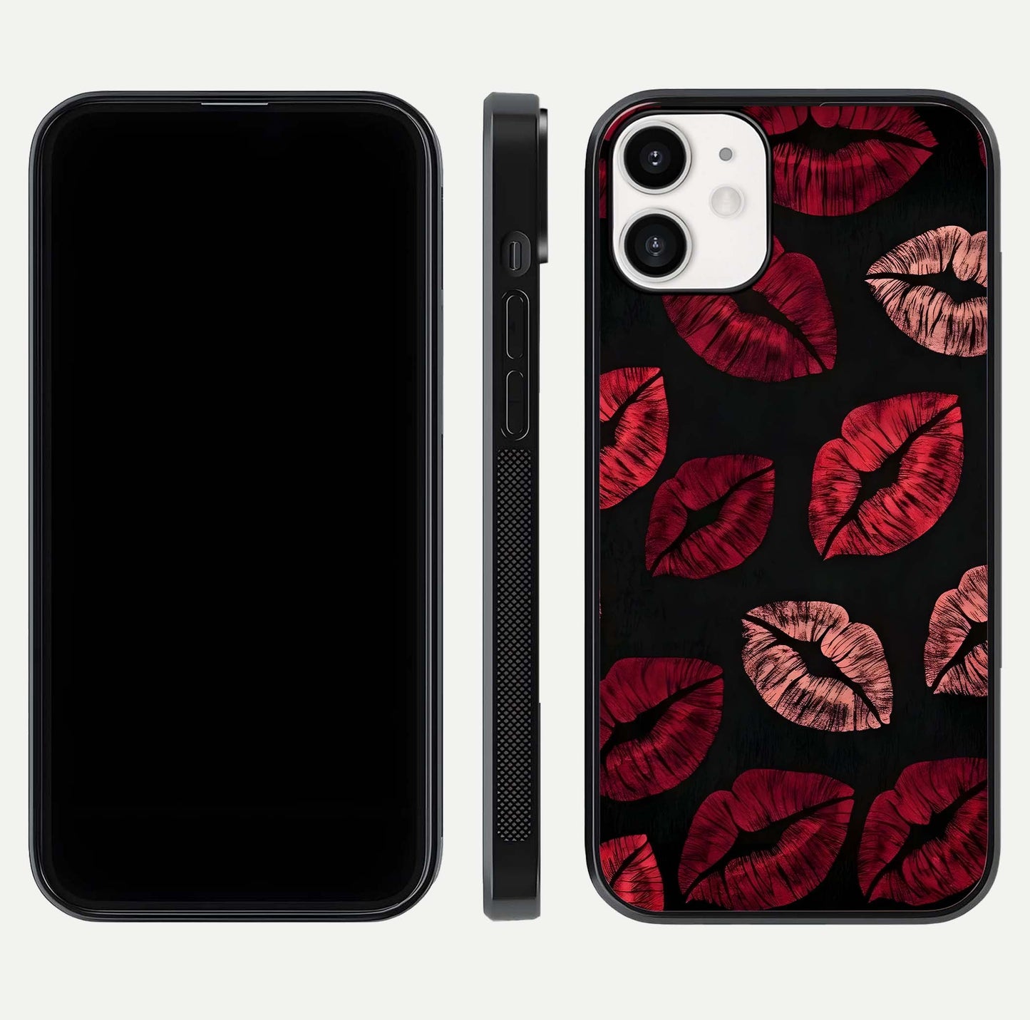 Midnight Kiss Love Glass Case for iPhone 12 Mini front & back view layout showing romantic theme and smooth curves