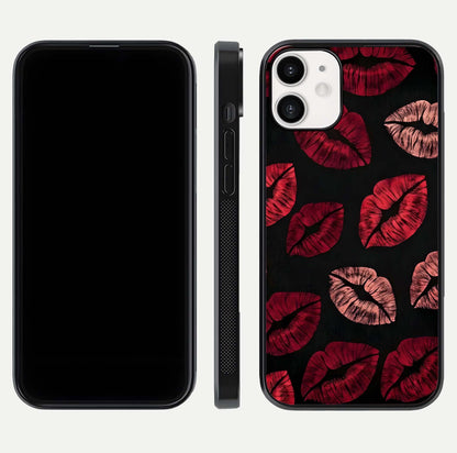Midnight Kiss Love Glass Case for iPhone 12 Mini front & back view layout showing romantic theme and smooth curves