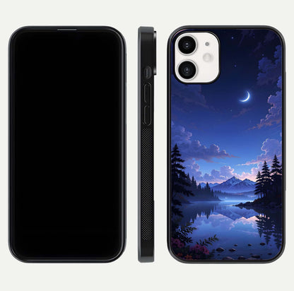 Midnight Lake Peace Glass Case for iPhone 12 Mini front & back layout highlighting calm design and curved edges