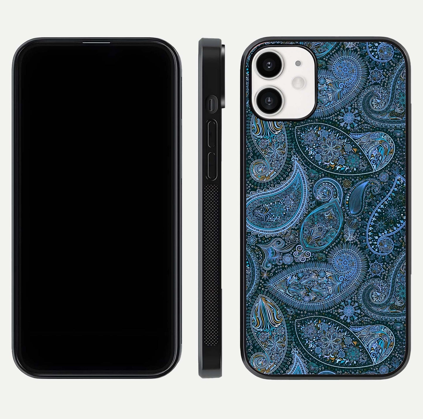 Midnight Paisley Glow Glass Case for iPhone 12 Mini front & back layout highlighting elegant edge finish