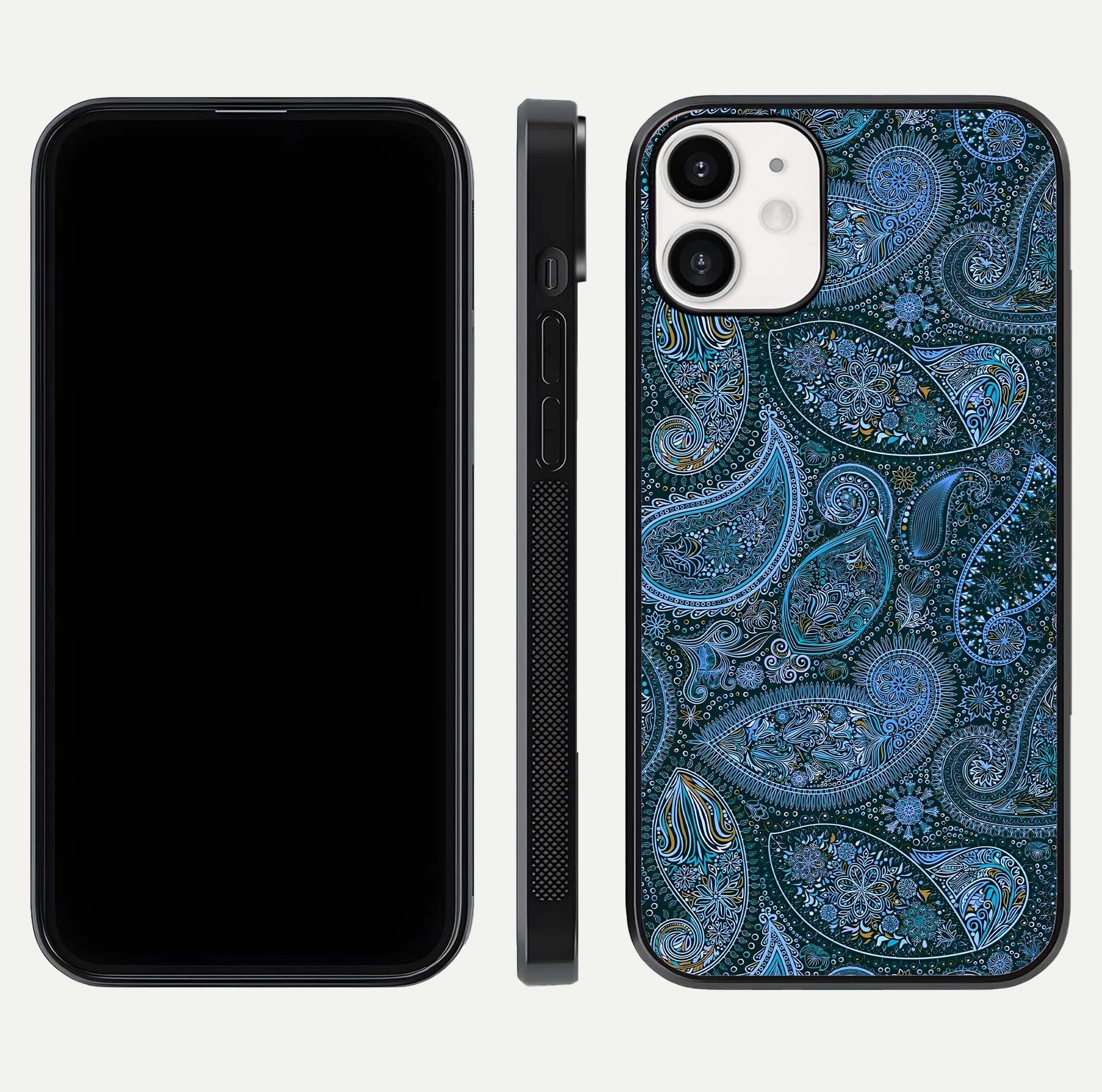 Midnight Paisley Glow Glass Case for iPhone 12 Mini front & back layout highlighting elegant edge finish