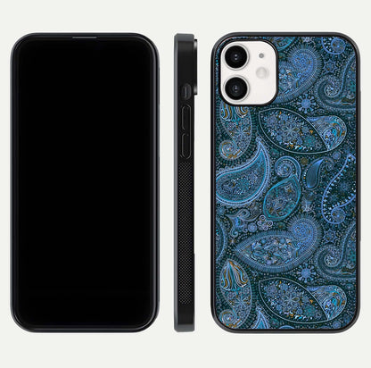 Midnight Paisley Glow Glass Case for iPhone 12 Mini front & back layout highlighting elegant edge finish