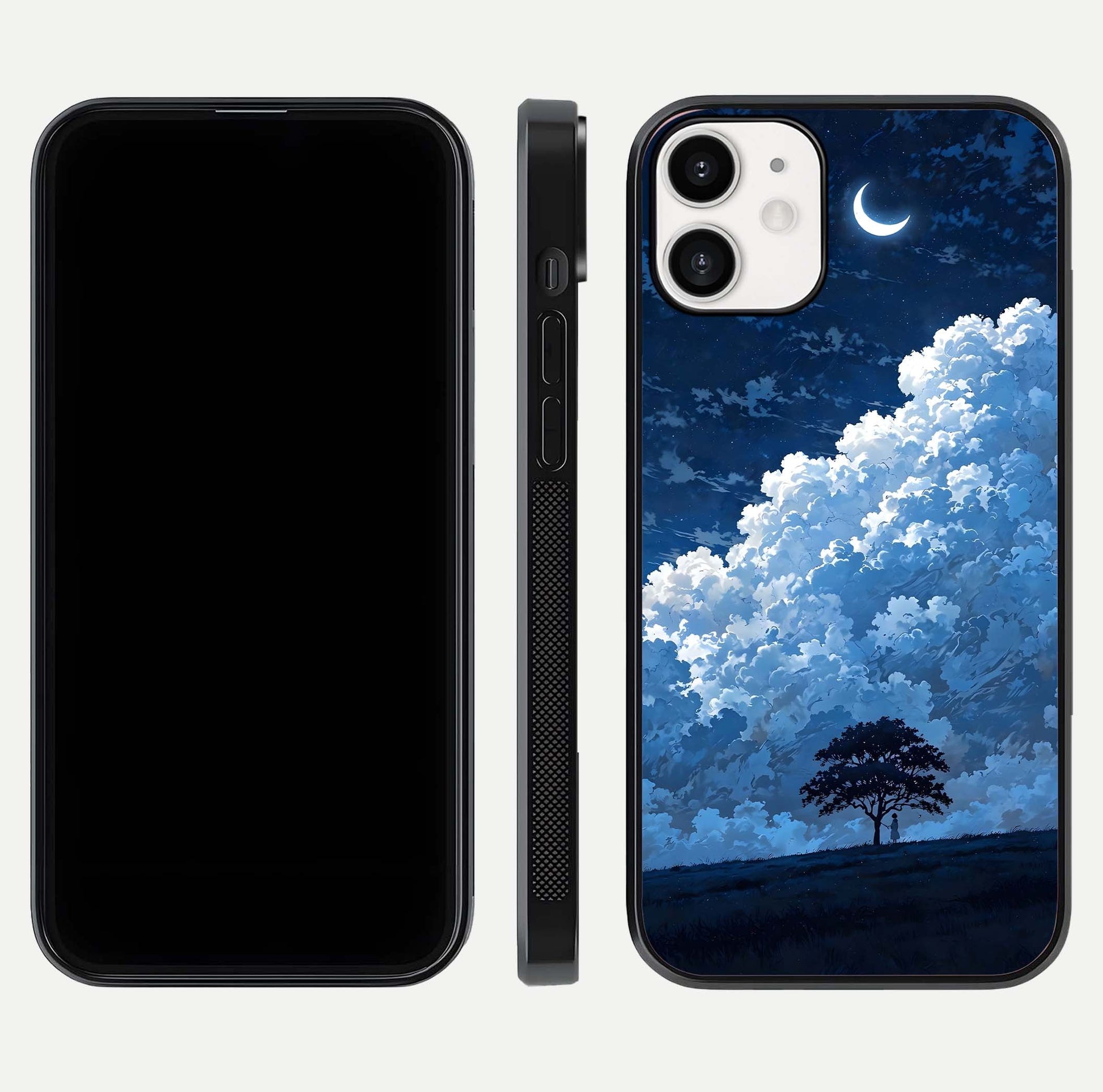 Midnight Sky Serenity Glass Case for iPhone 12 Mini front & back layout highlighting celestial art and curves