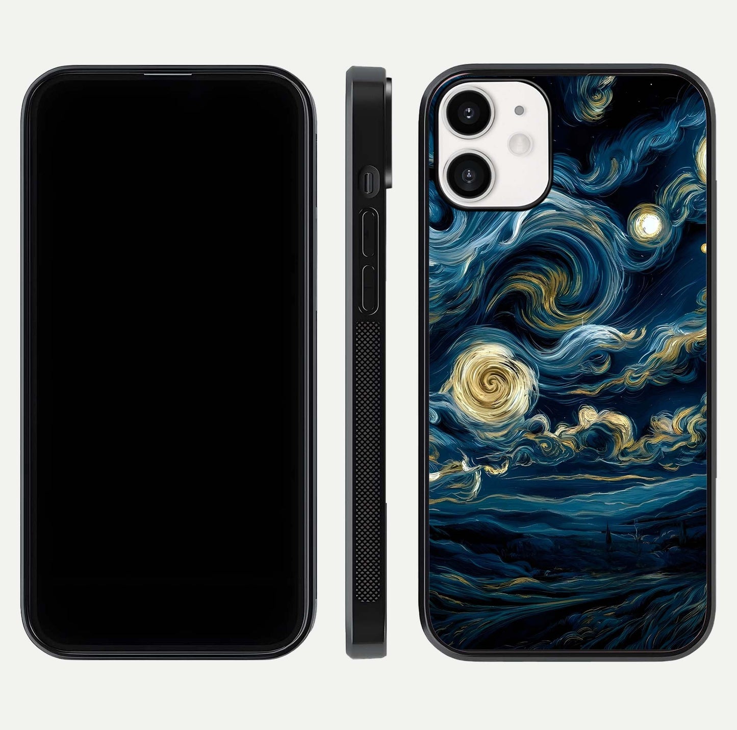 Midnight Sky Whirl Glass Case for iPhone 12 Mini front & back layout highlighting celestial movement art