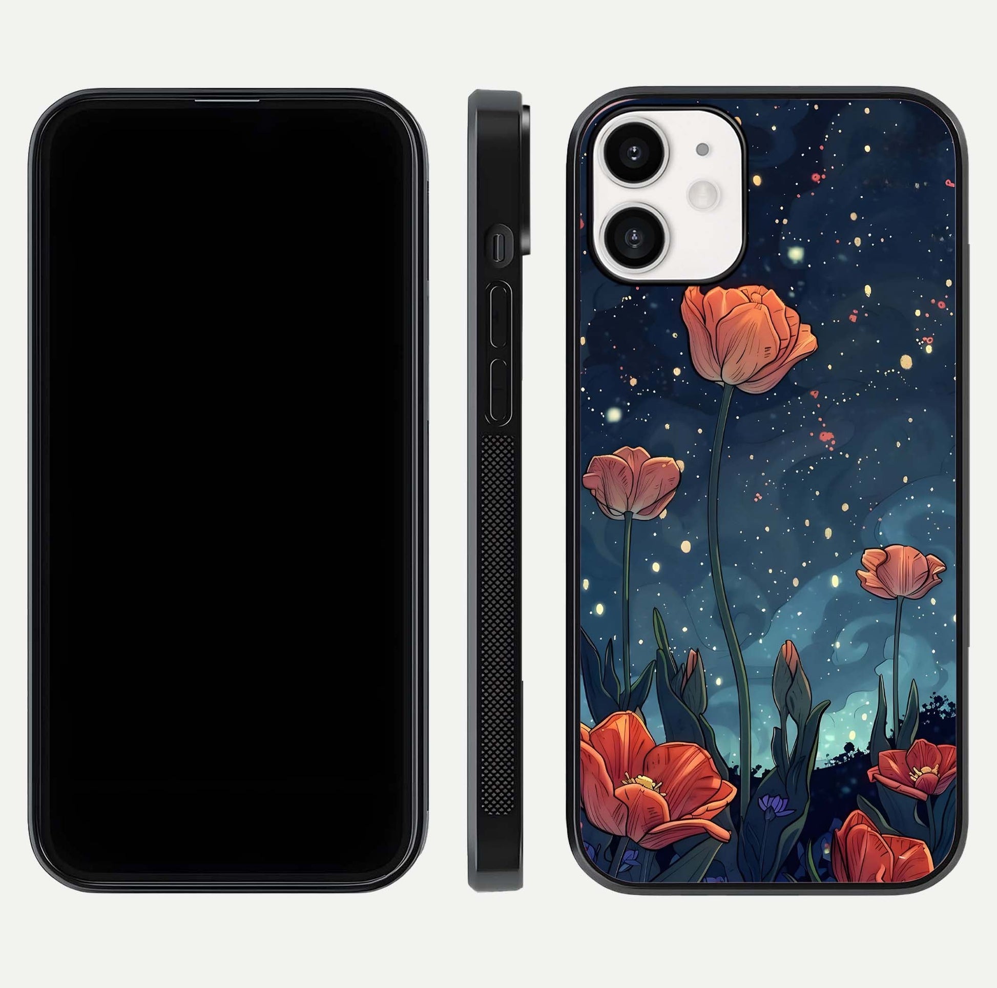 Midnight Tulip Glow Glass Case for iPhone 12 Mini front & back layout highlighting floral glow and curved edges