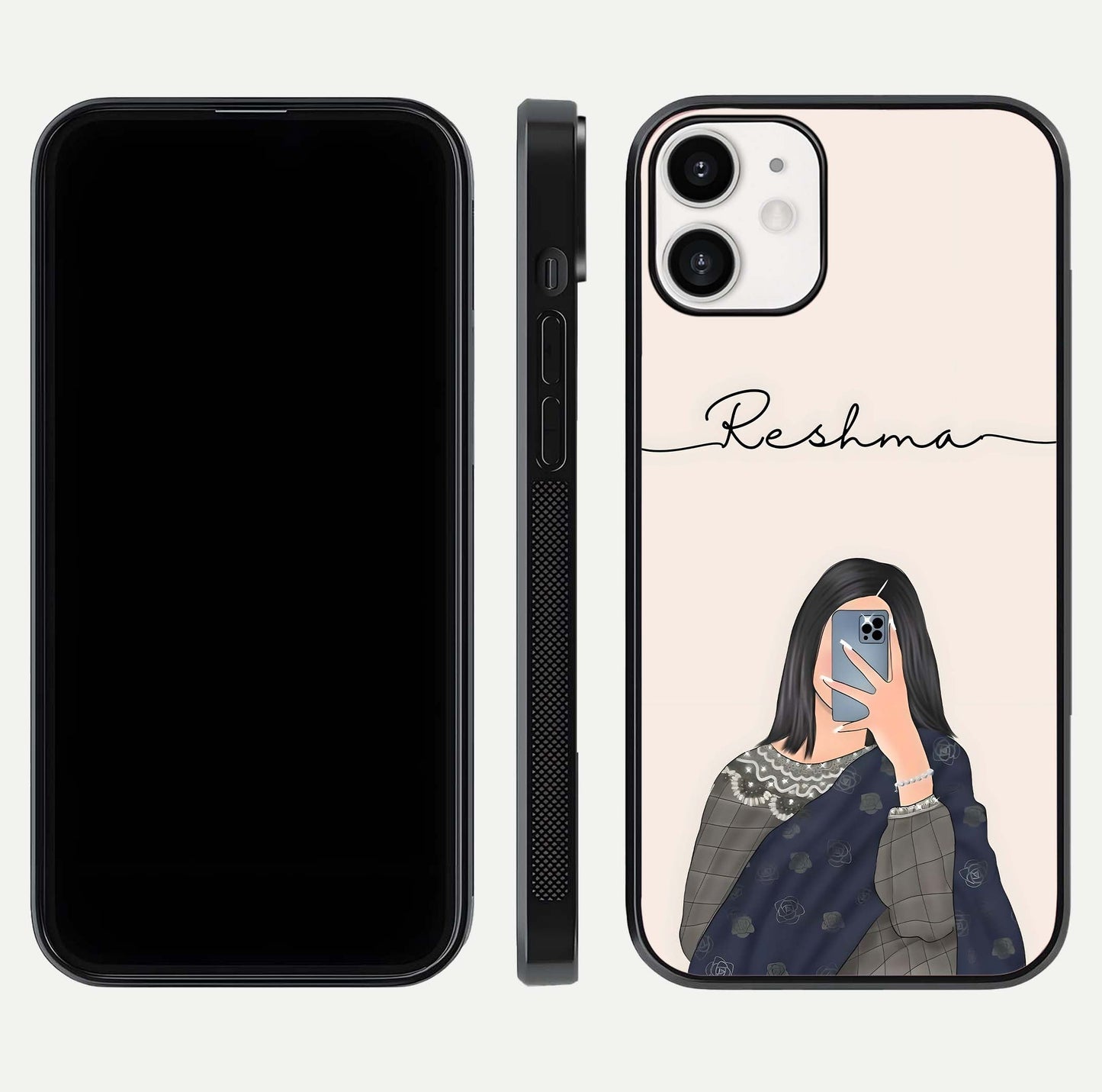 Mirror Mood Muse Custom Name Glass Case for iPhone 12 Mini front & back layout showing personalized name placement