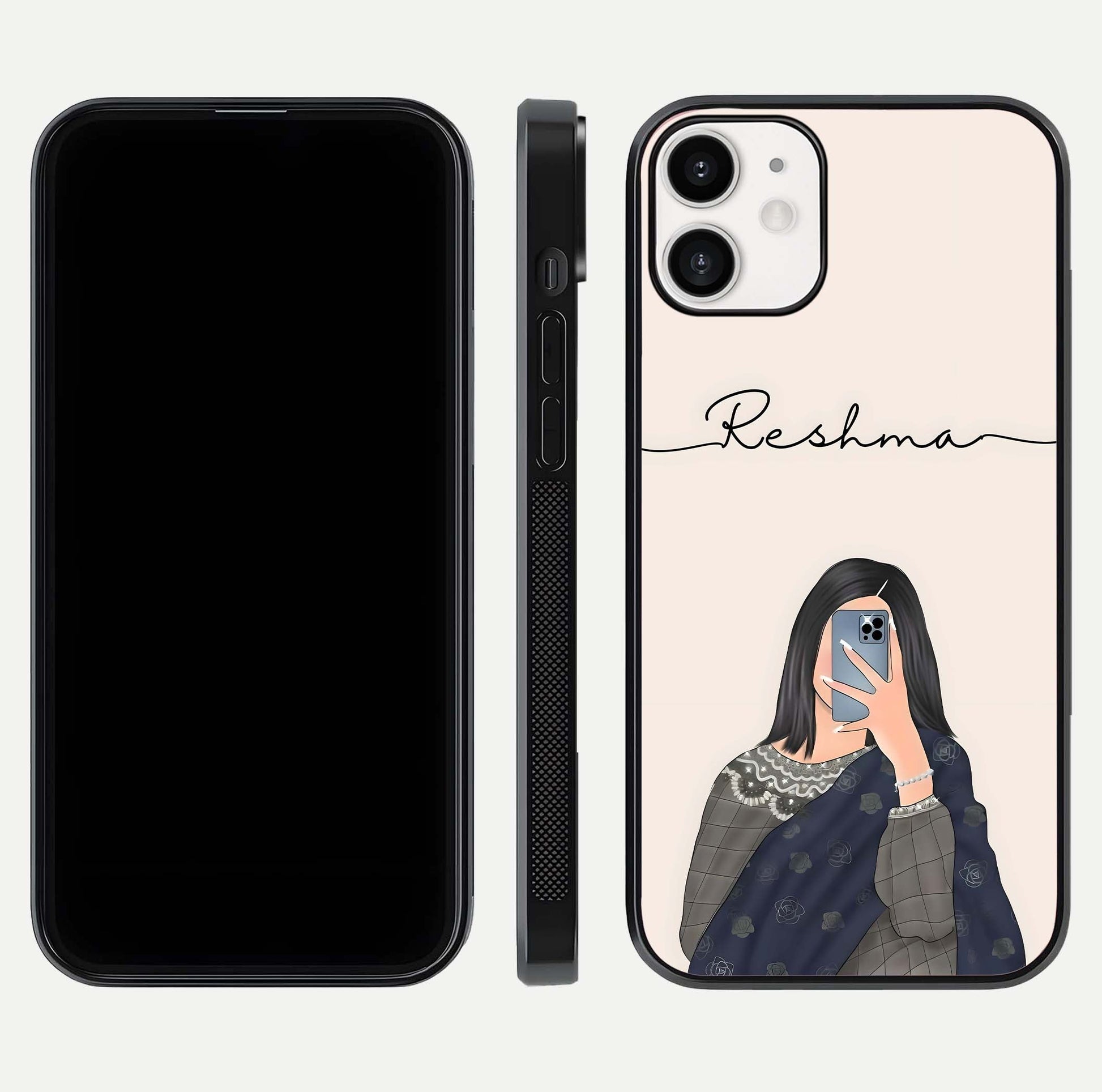 Mirror Mood Muse Custom Name Glass Case for iPhone 12 Mini front & back layout showing personalized name placement